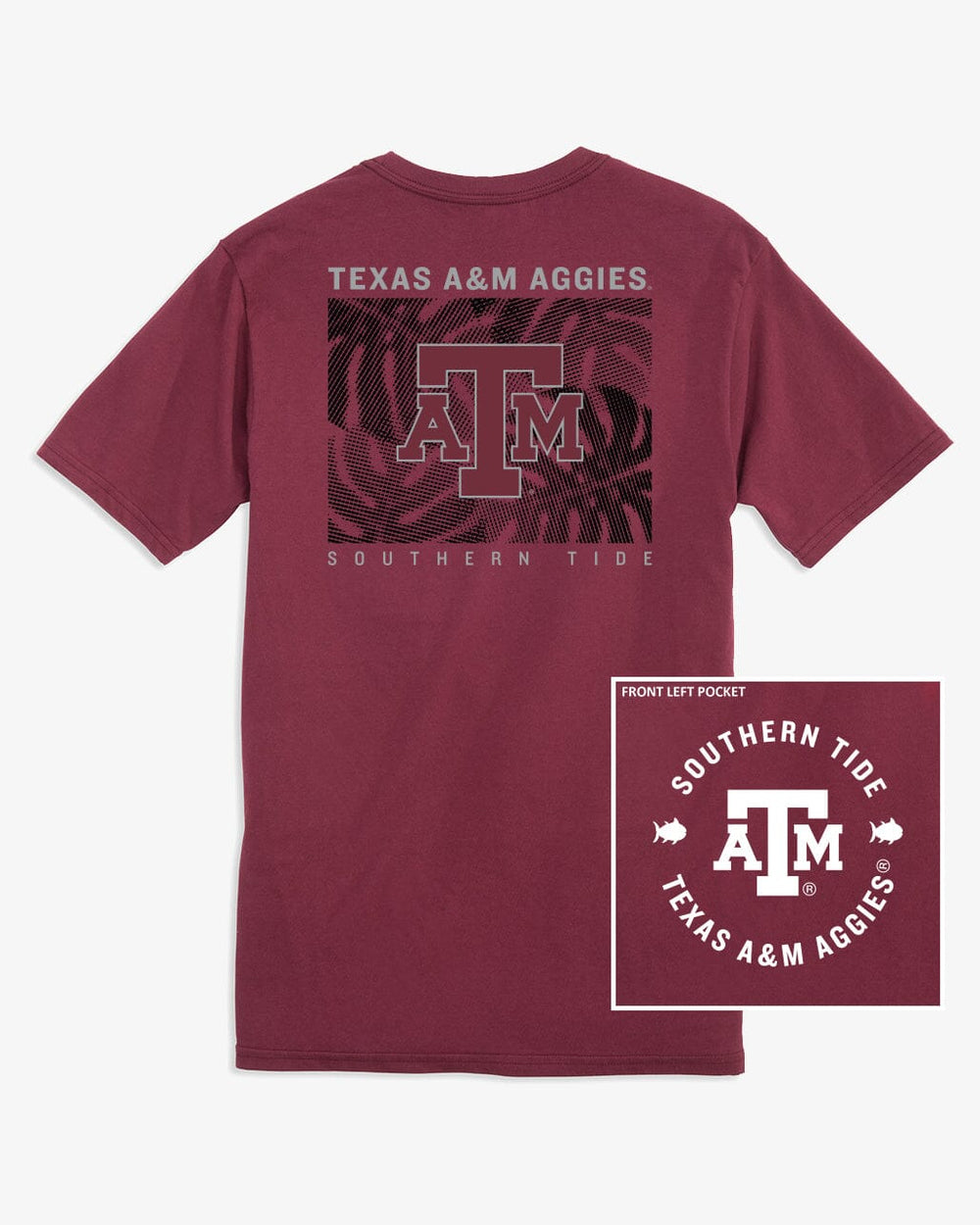 The front view of the Texas A&M Aggies Halftone Monstera T-Shirt by Southern Tide - Chianti