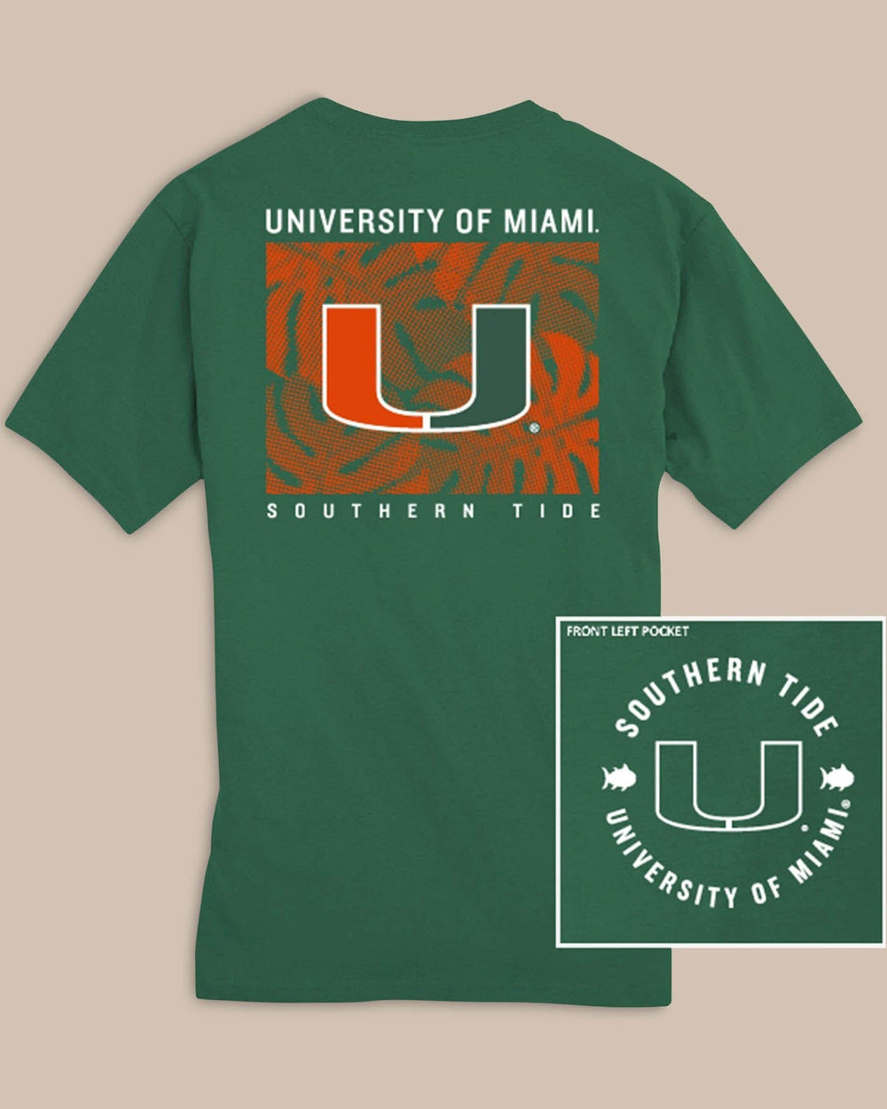 The front view of the Miami Hurricanes Halftone Monstera T-Shirt by Southern Tide - Spruce