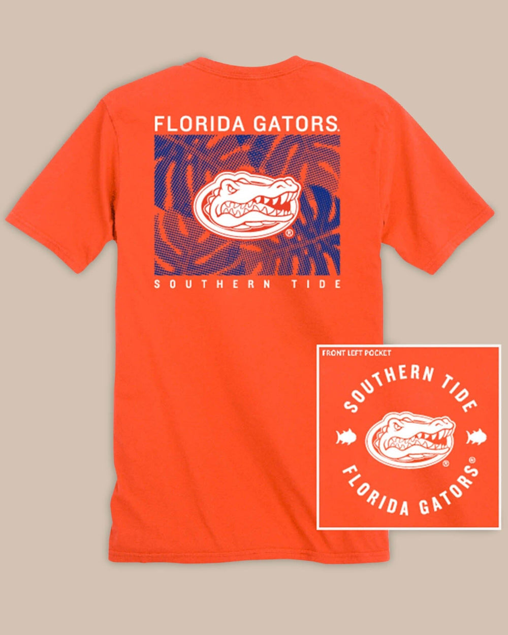 The front view of the Florida Gators Halftone Monstera T-Shirt by Southern Tide - Endzone Orange