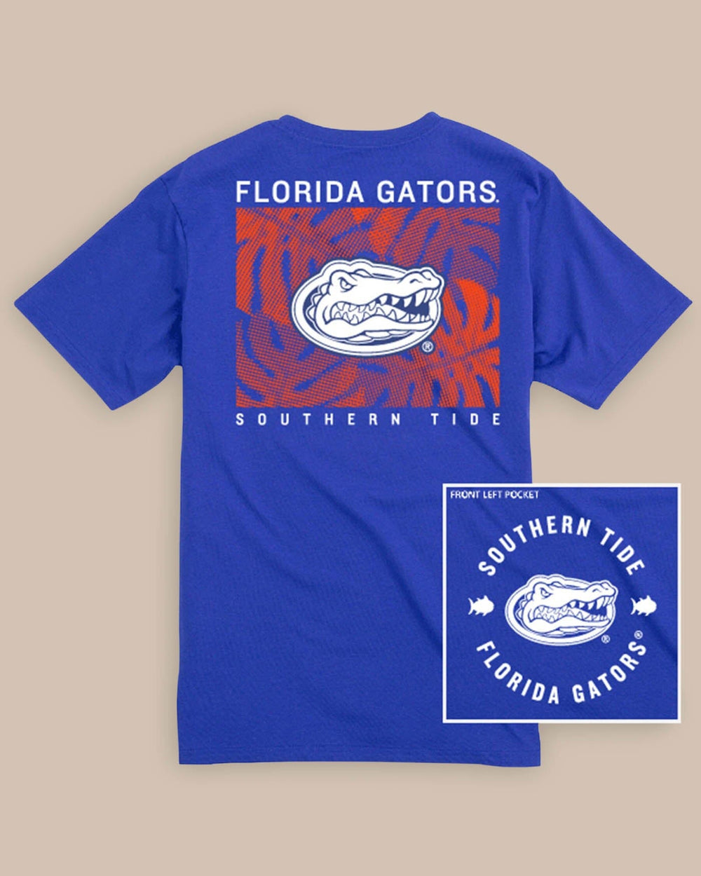 The front view of the Florida Gators Halftone Monstera T-Shirt by Southern Tide - University Blue