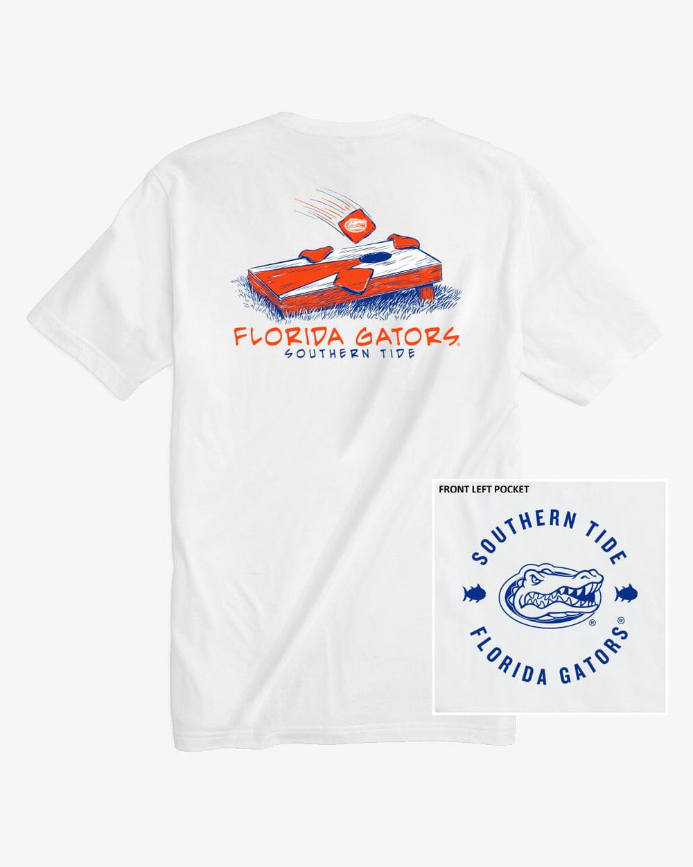The front view of the Florida Gators Cornhole T-Shirt by Southern Tide - Classic White