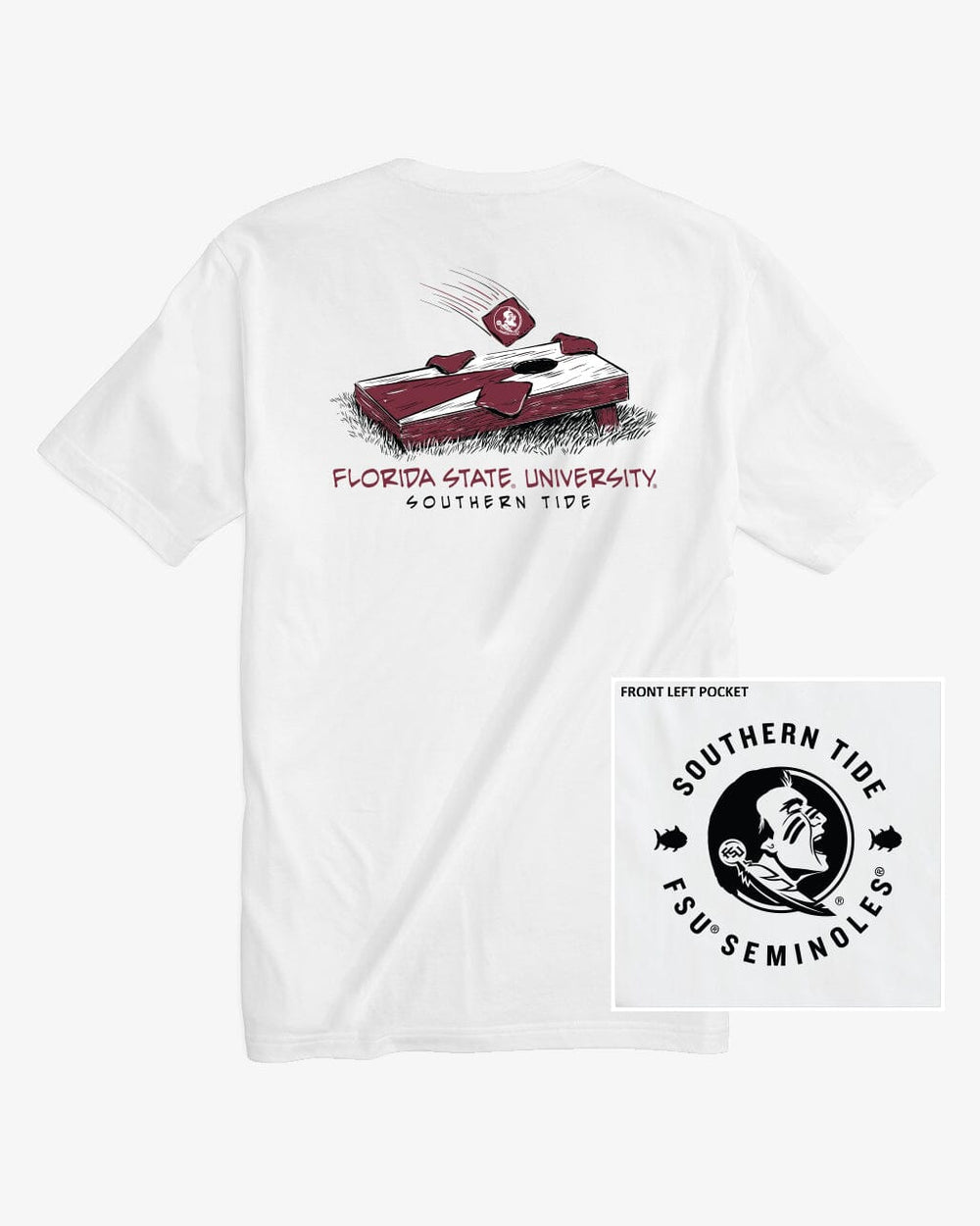 The front view of the FSU Seminoles Cornhole T-Shirt by Southern Tide - Classic White