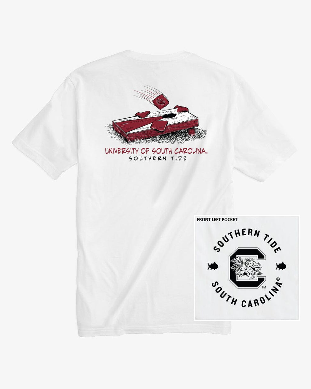 The front view of the FSU Seminoles Cornhole T-Shirt by Southern Tide - Classic White