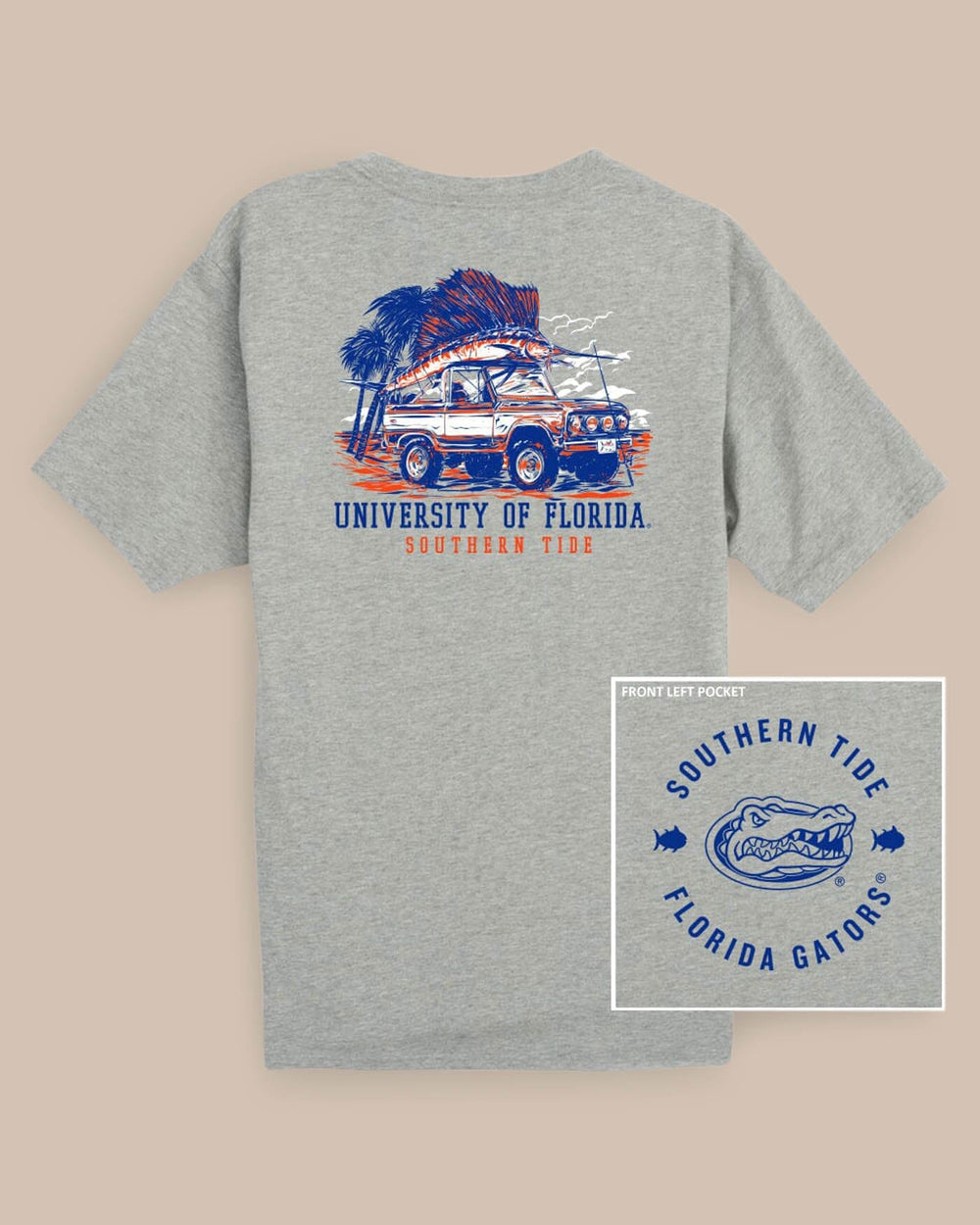 The front view of the Florida Gators Trophy Catch Heather T-Shirt by Southern Tide - Heather Grey