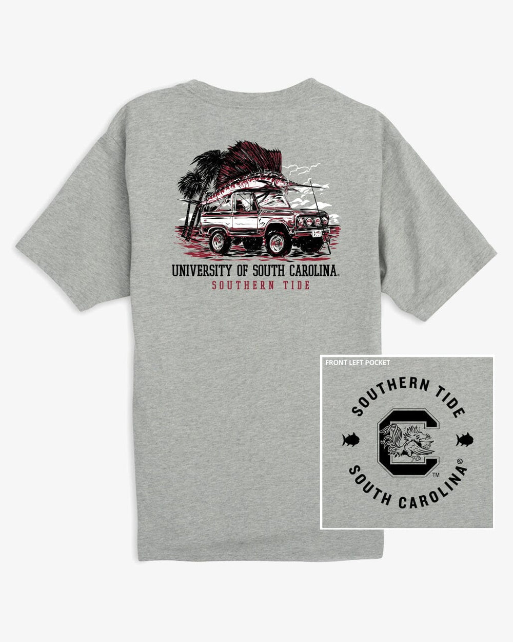 The front view of the USC Gamecocks Trophy Catch Heather T-Shirt by Southern Tide - Heather Grey