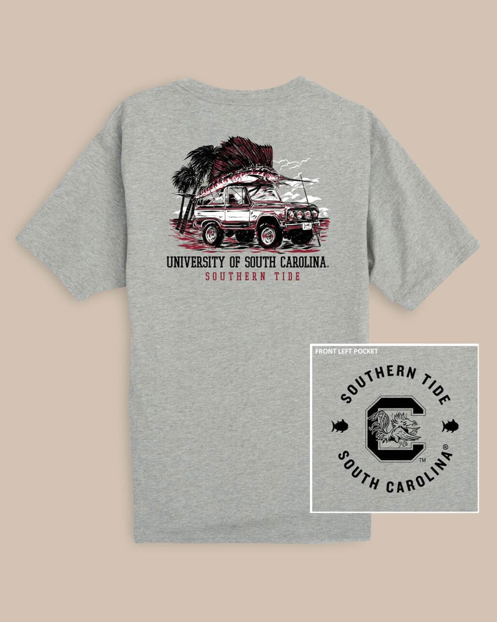 The front view of the USC Gamecocks Trophy Catch Heather T-Shirt by Southern Tide - Heather Grey