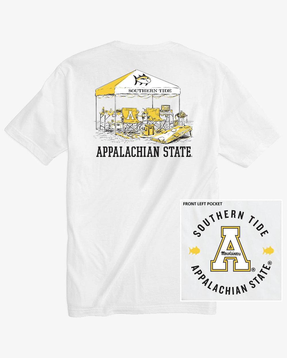 The front view of the App State Mountaineers Tailgate Time T-Shirt by Southern Tide - Classic White