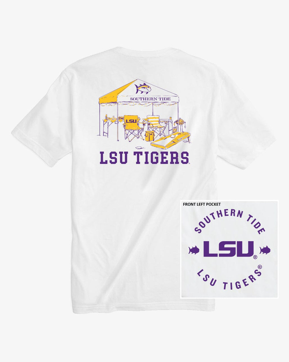 The front view of the LSU Tigers Tailgate Time T-Shirt by Southern Tide - Classic White