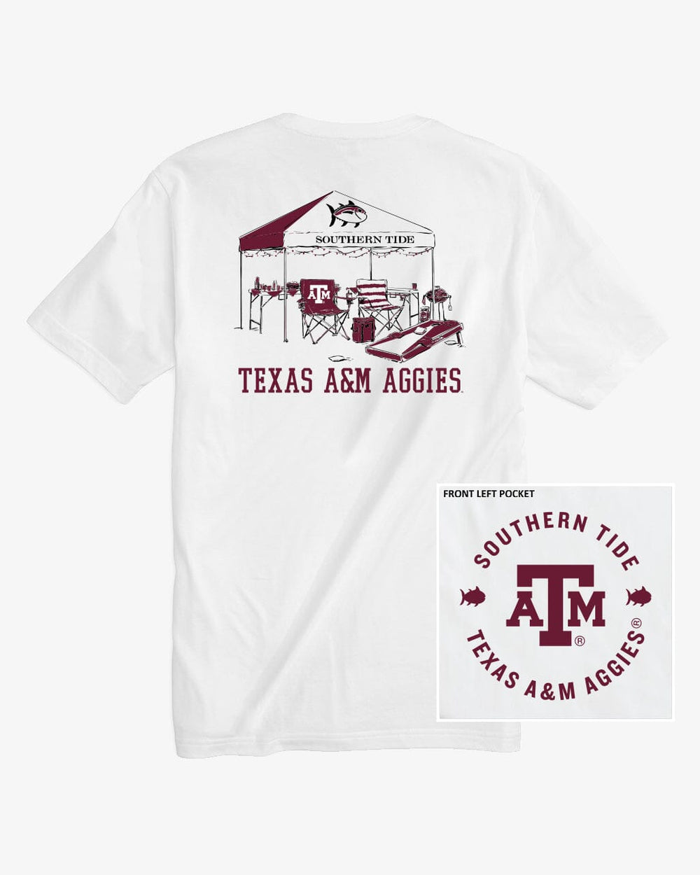 The front view of the Texas A&M Aggies Tailgate Time T-Shirt by Southern Tide - Classic White