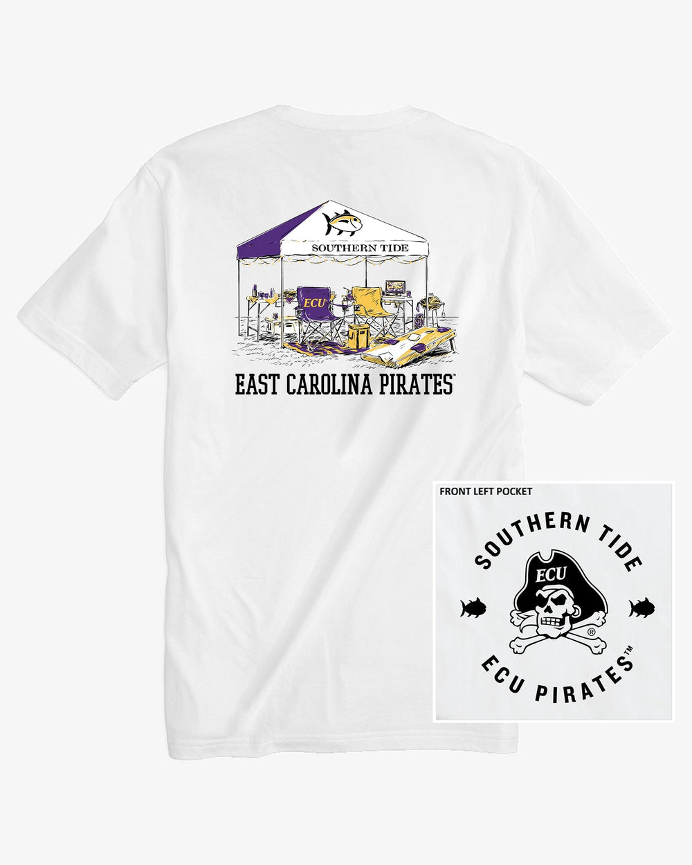 The front view of the East Caroline Pirates Tailgate Time T-Shirt by Southern Tide - Classic White