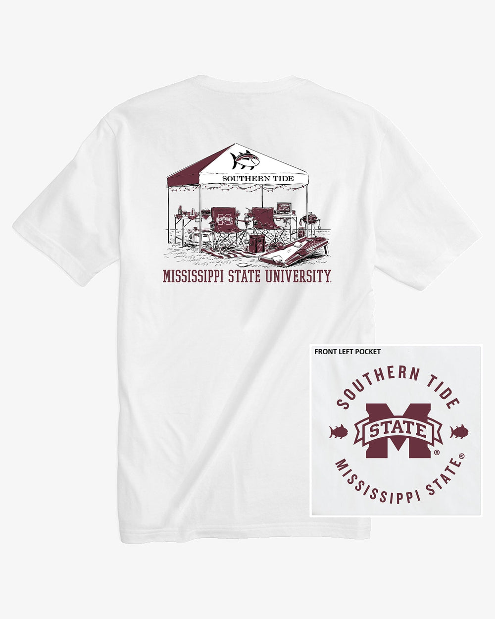 The front view of the Mississippi State Bulldogs Tailgate Time T-Shirt by Southern Tide - Classic White