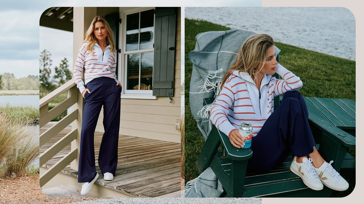 woman sitting on porch and by the water in versatile women's fall new arrivals