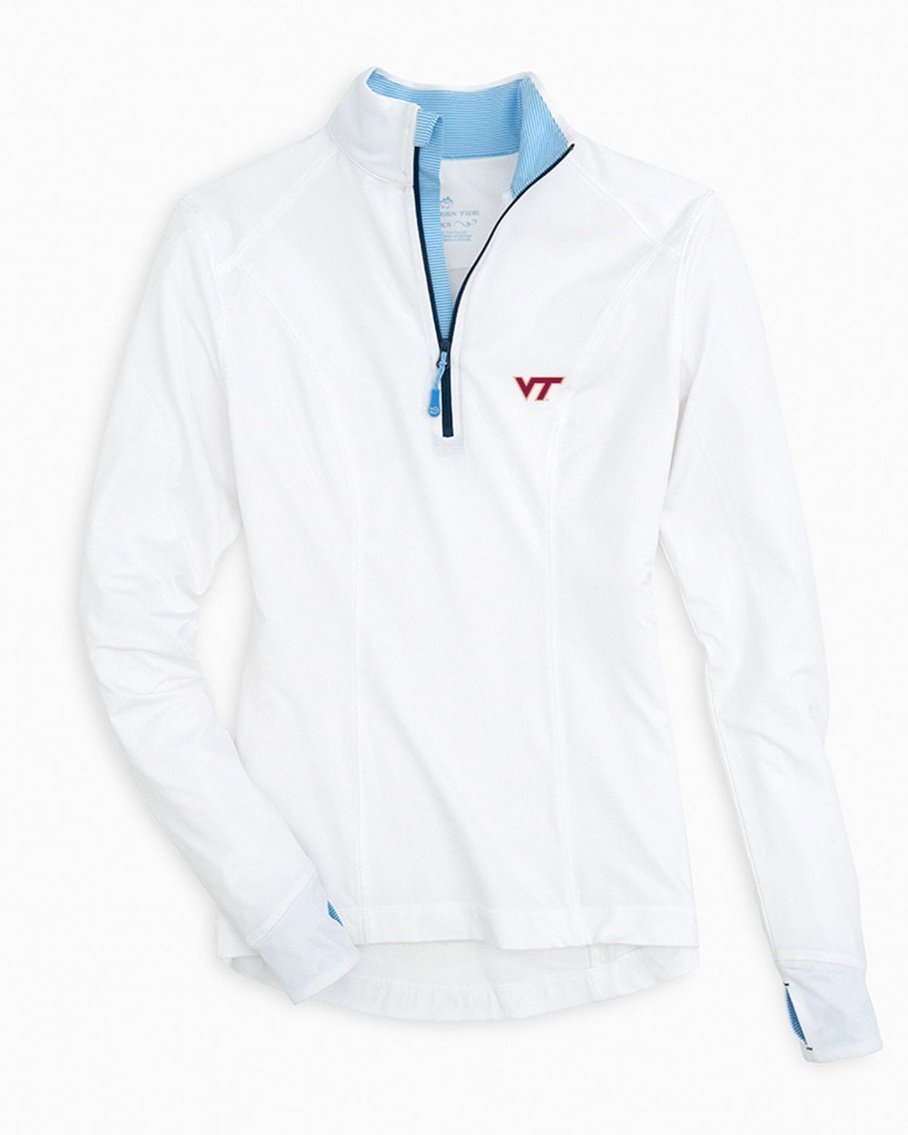 The front view of the Virginia Tech Hokies Women's Skipjack Athletic Quarter Zip by Southern Tide - Classic White