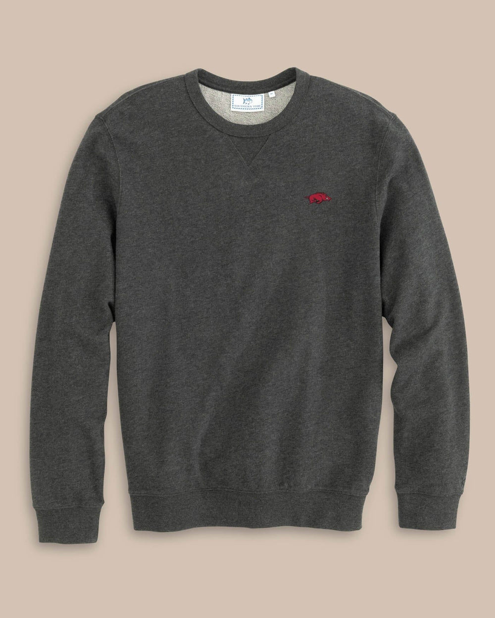 The front view of the Men's Red Arkansas Upper Deck Pullover Sweatshirt by Southern Tide - Heather Black