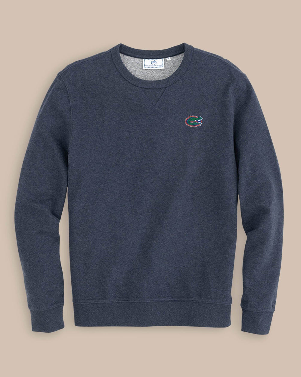The front view of the Men's Grey Florida Gators Upper Deck Pullover Sweatshirt by Southern Tide - Heather Navy