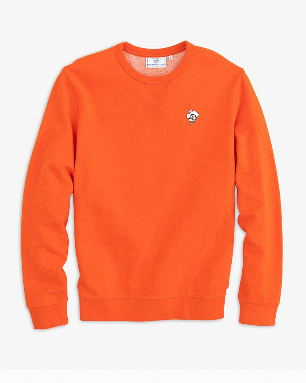 The front view of the Oklahoma State Cowboys Upper Deck Pullover Sweatshirt by Southern Tide - Heather Endzone Orange
