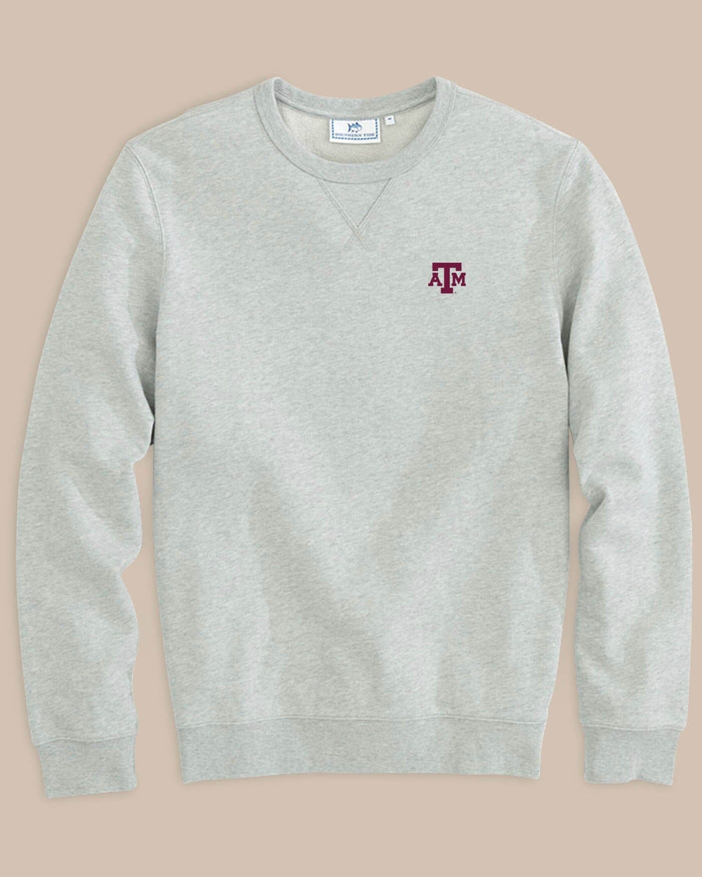 The front view of the Texas A&M Aggies Upper Deck Pullover Sweatshirt by Southern Tide - Heather Slate Grey