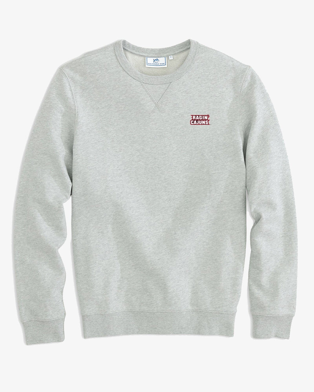 The front view of the University of Louisiana-Lafayette Upper Deck Pullover Sweatshirt by Southern Tide - Heather Slate Grey