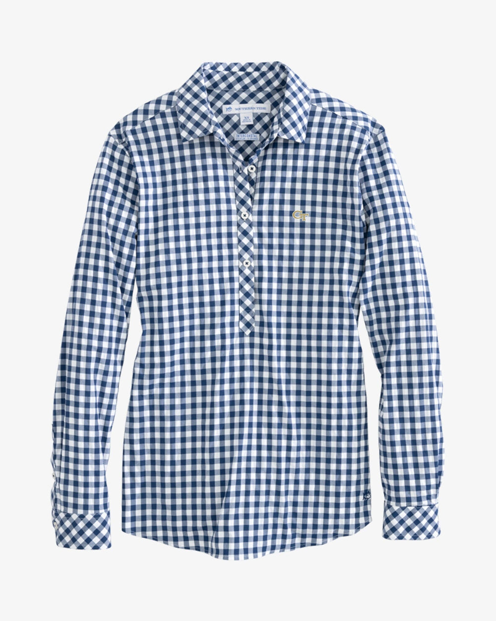The front view of the Georgia Tech Yellow Jackets Intercoastal Hadley Popover Shirt by Southern Tide - Yacht Blue