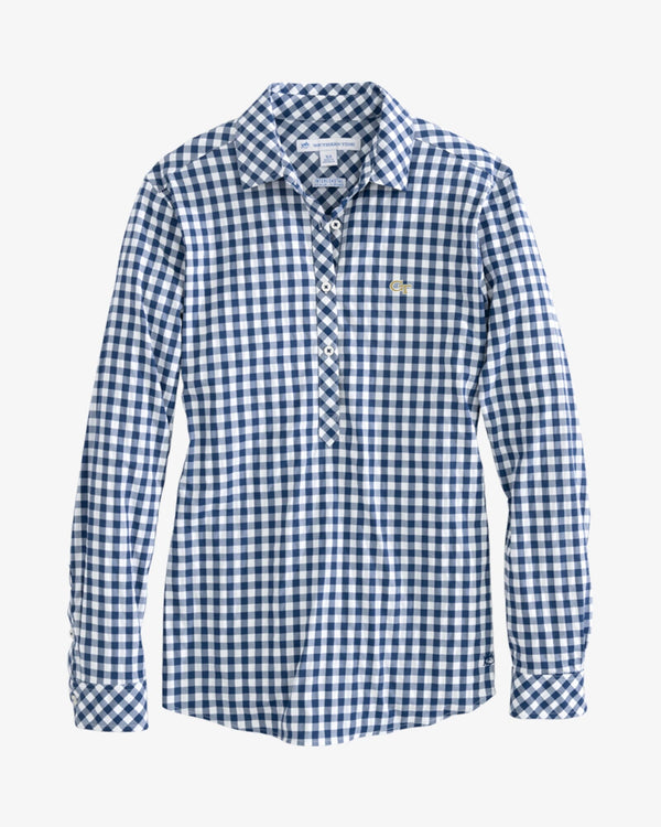 The front view of the Georgia Tech Yellow Jackets Intercoastal Hadley Popover Shirt by Southern Tide - Yacht Blue