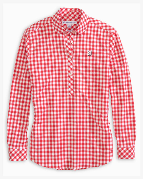 The front view of the North Carolina State Wolfpack Intercoastal Hadley Popover Shirt by Southern Tide - Varsity Red