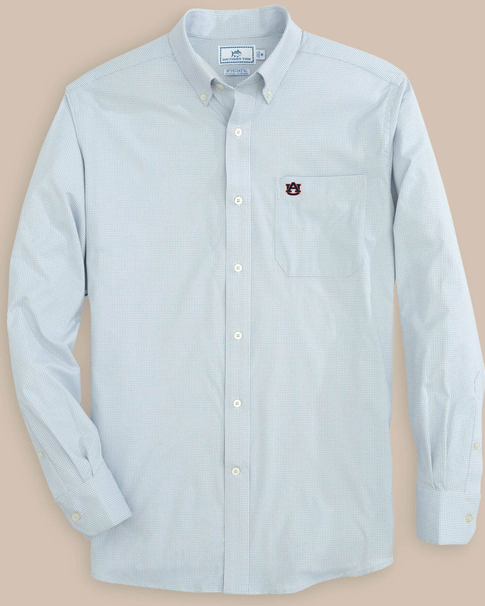 The front view of the Men's Navy Auburn Tigers Gingham Button Down Shirt by Southern Tide - Slate Grey