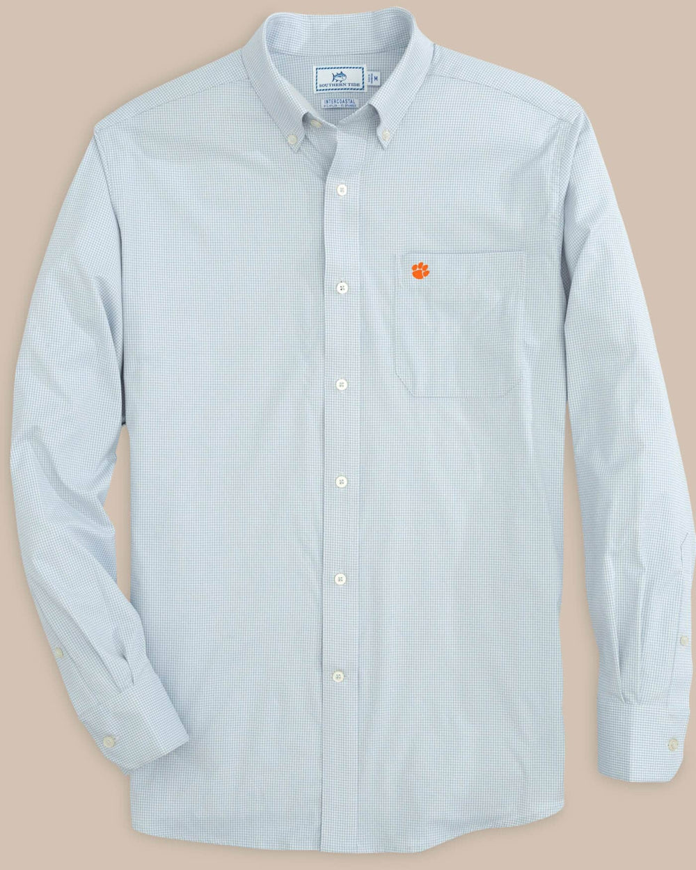 The front view of the Clemson Tigers Gingham Button Down Shirt by Southern Tide - Slate Grey