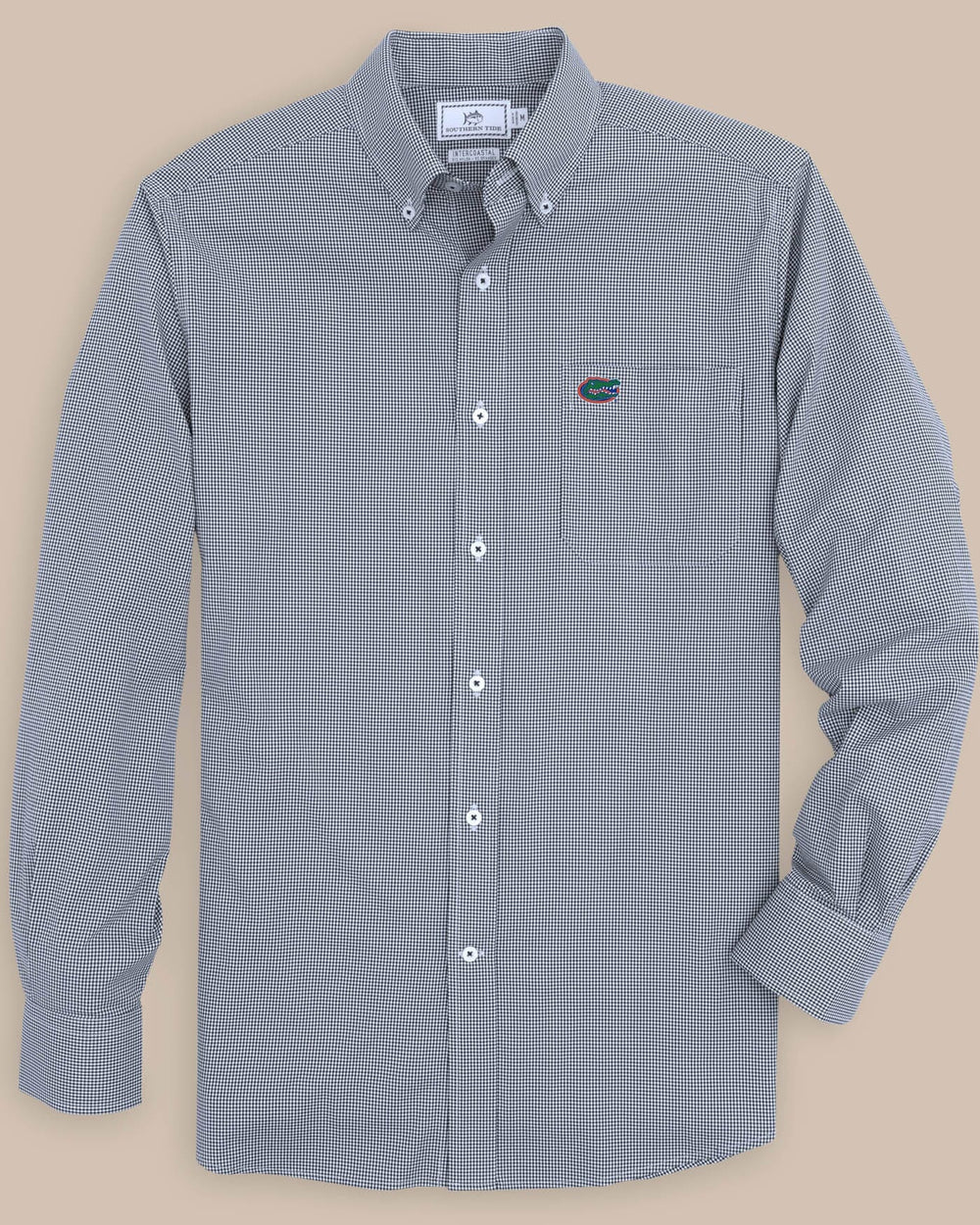 The front view of the Florida Gators Gingham Button Down Shirt by Southern Tide - Navy