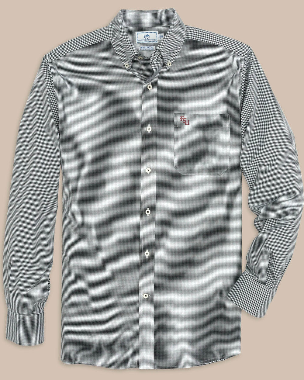 The front view of the FSU Seminoles Gingham Button Down Shirt By Southern Tide - Black