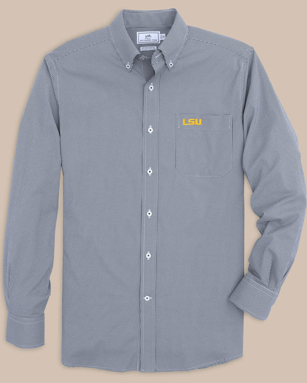 The front view of the LSU Tigers Gingham Button Down Shirt by Southern Tide - Navy