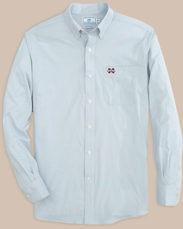 The front view of the Mississippi State Bulldogs Gingham Button Down Shirt by Southern Tide - Slate Grey