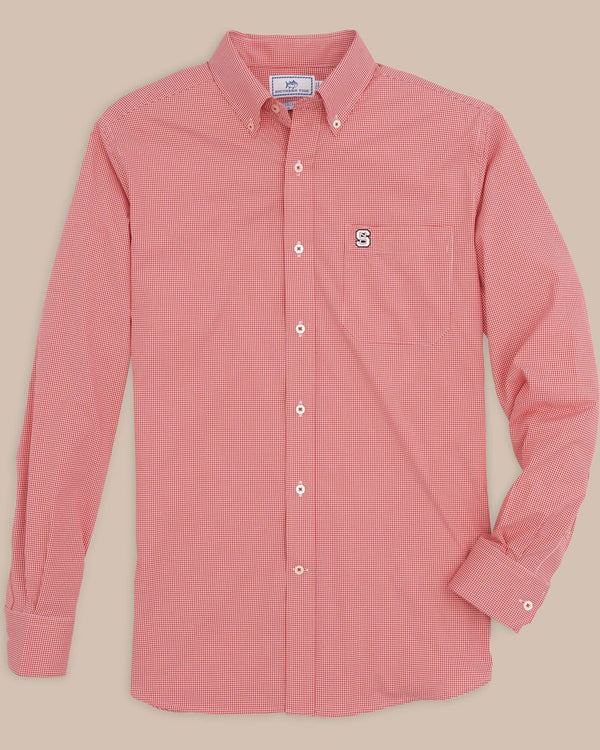 The front view of the NC State Gingham Button Down Shirt by Southern Tide - Varsity Red