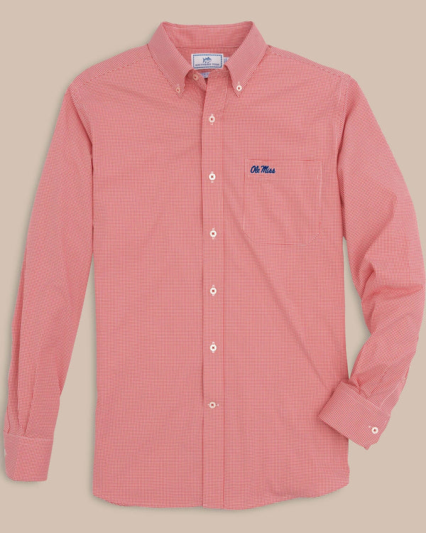 The front view of the Ole Miss Rebels Gingham Button Down Shirt by Southern Tide - Varsity Red