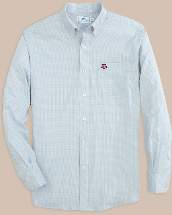 The front view of the Texas A&M Aggies Gingham Button Down Shirt by Southern Tide - Slate Grey