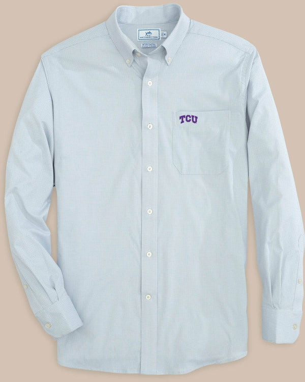 The front view of the TCU Horned Frogs Gingham Button Down Shirt by Southern Tide - Slate Grey