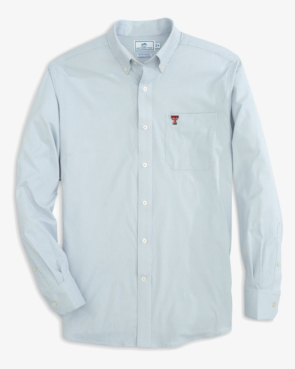 The front view of the Texas Tech Red Raiders Gingham Button Down Shirt by Southern Tide - Slate Grey