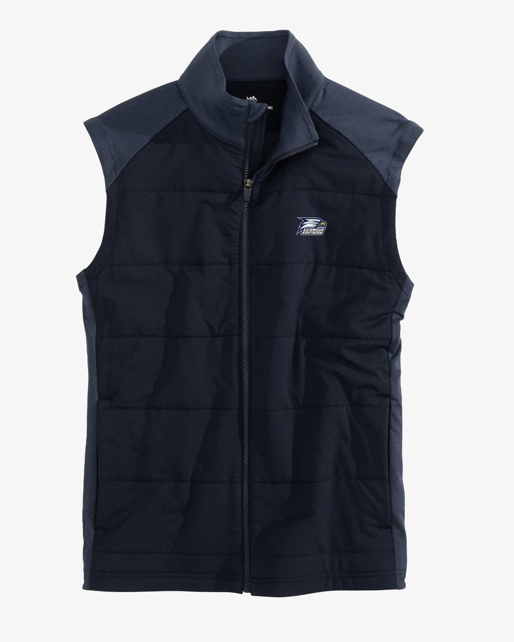 The front view of the Georgia Southern Eagles Performance Vest by Southern Tide - Heather Navy
