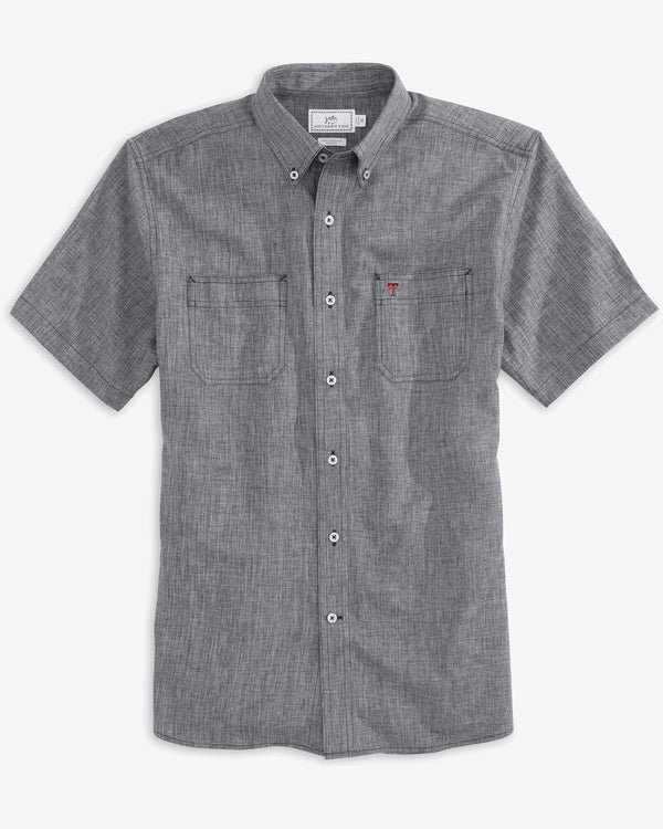 The front view of the Texas Tech Red Raiders Short Sleeve Button Down Dock Shirt by Southern Tide - Polarized Grey