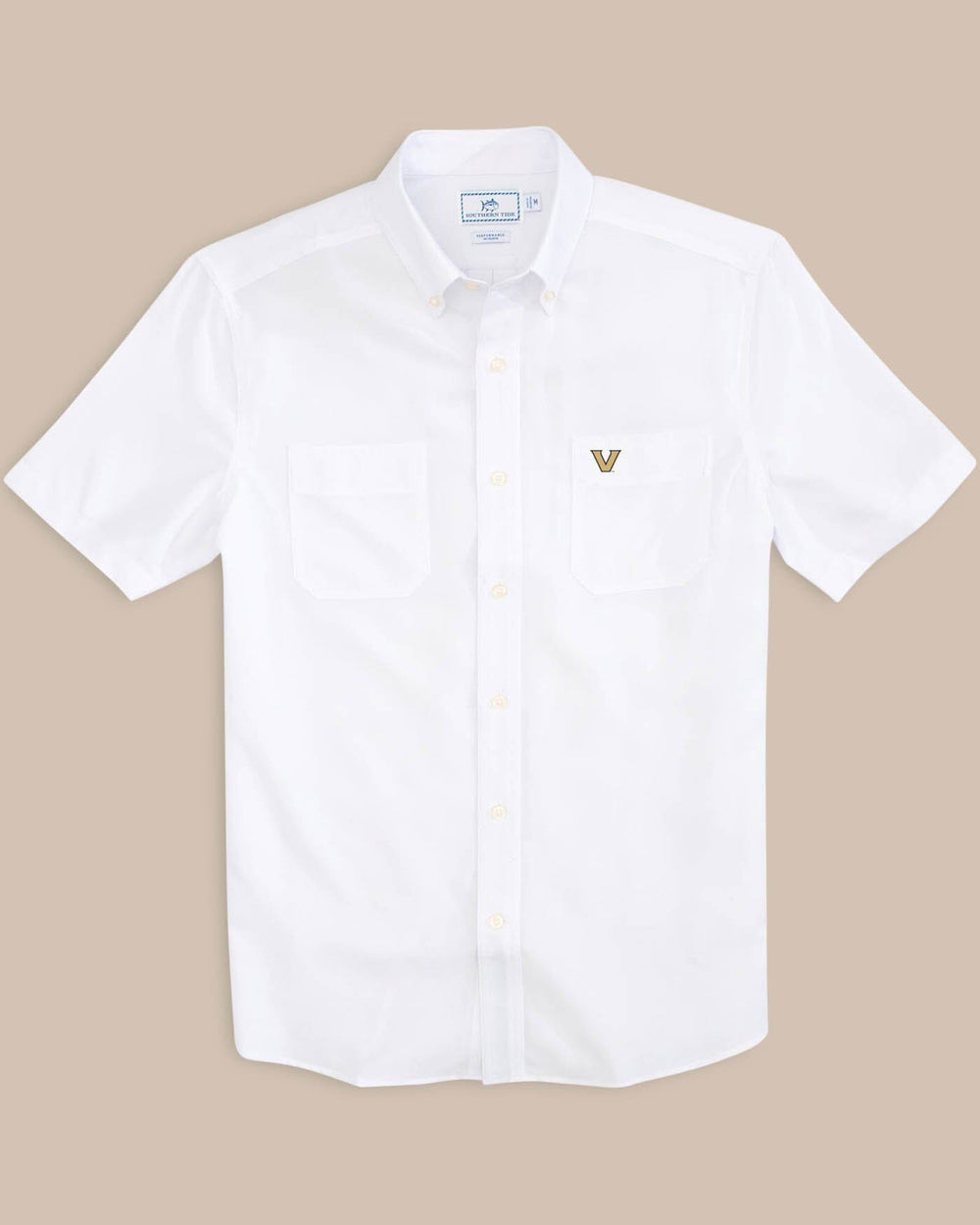 The front view of the Vanderbilt Commodores Short Sleeve Button Down Dock Shirt by Southern Tide - Classic White