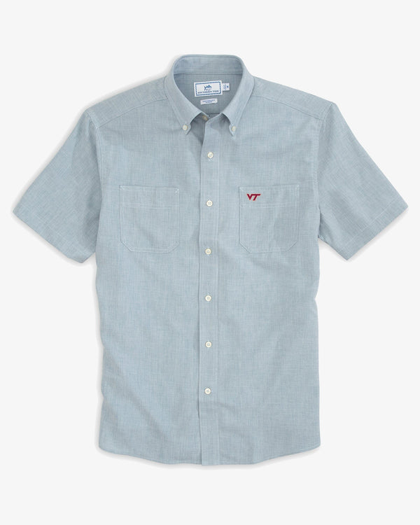 The front view of the Virginia Tech Hokies Short Sleeve Button Down Dock Shirt by Southern Tide - Seagull Grey