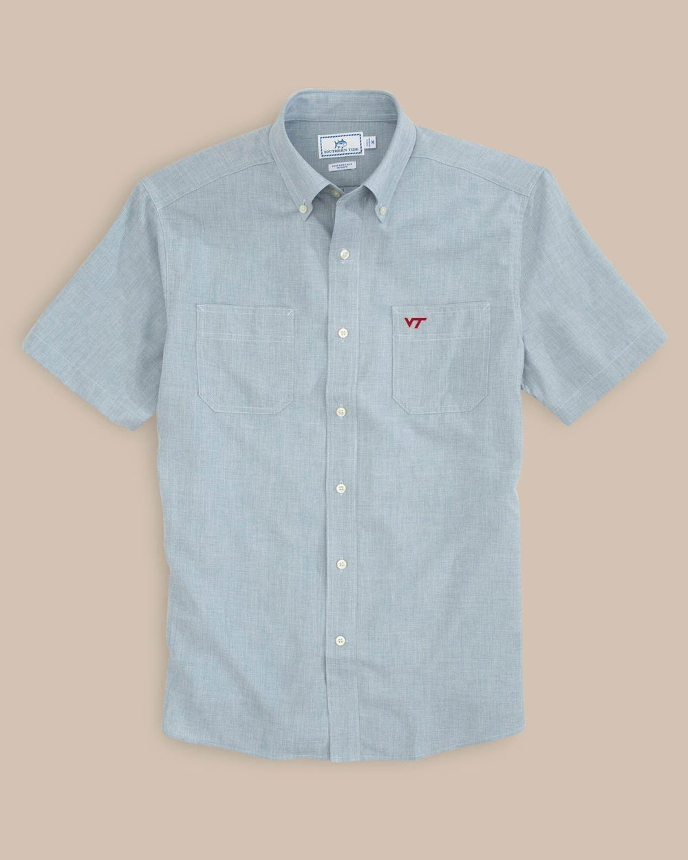 The front view of the Virginia Tech Hokies Short Sleeve Button Down Dock Shirt by Southern Tide - Seagull Grey