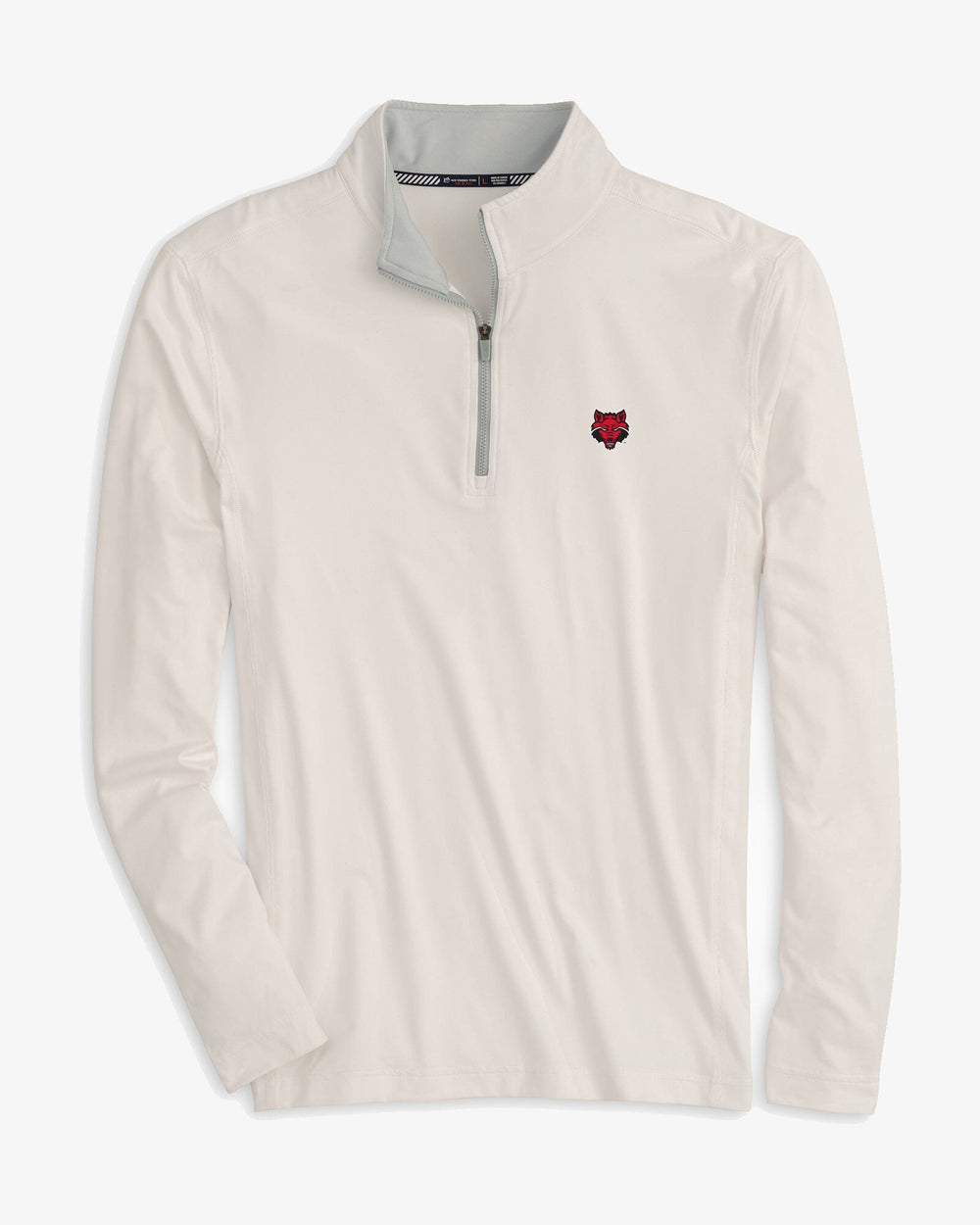 The front view of the Arkansas State Red Wolves Quarter Zip Pullover by Southern Tide - Classic White