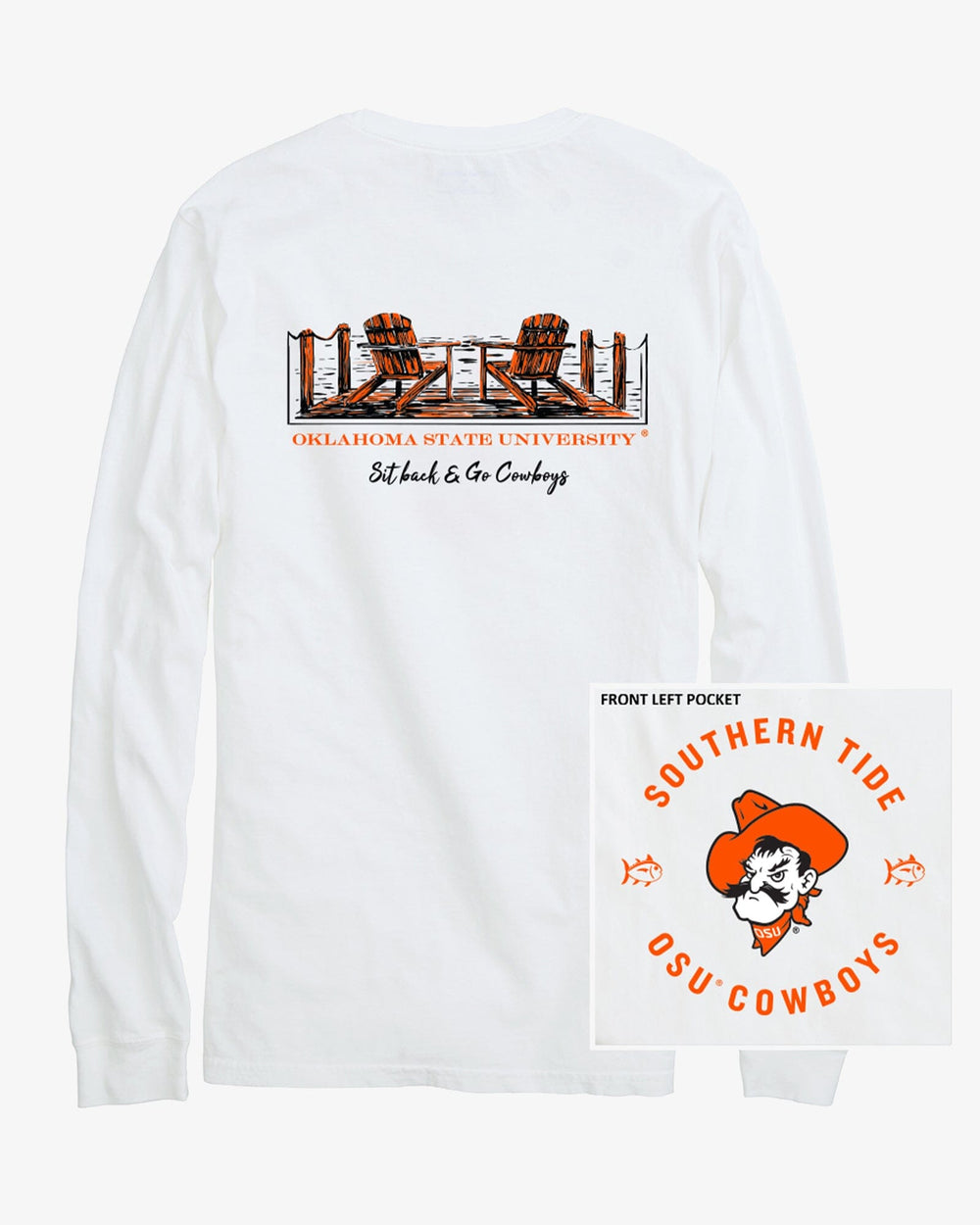 The front view of the Oklahoma State Cowboys Sit Back Long Sleeve T-Shirt by Southern Tide - Classic White