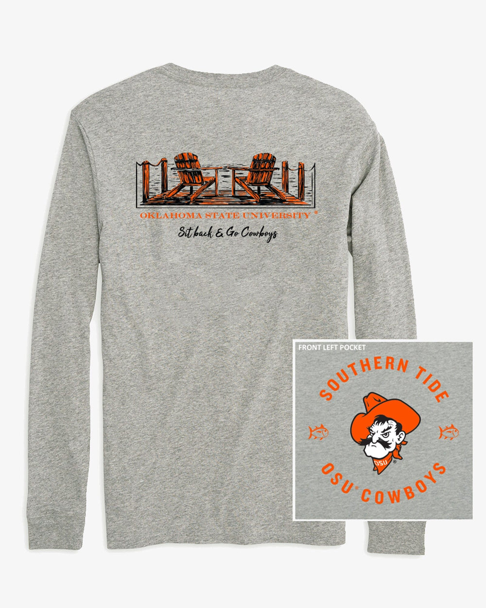The front view of the Oklahoma State Cowboys Heather Sit Back Long Sleeve T-Shirt by Southern Tide - Heather Grey