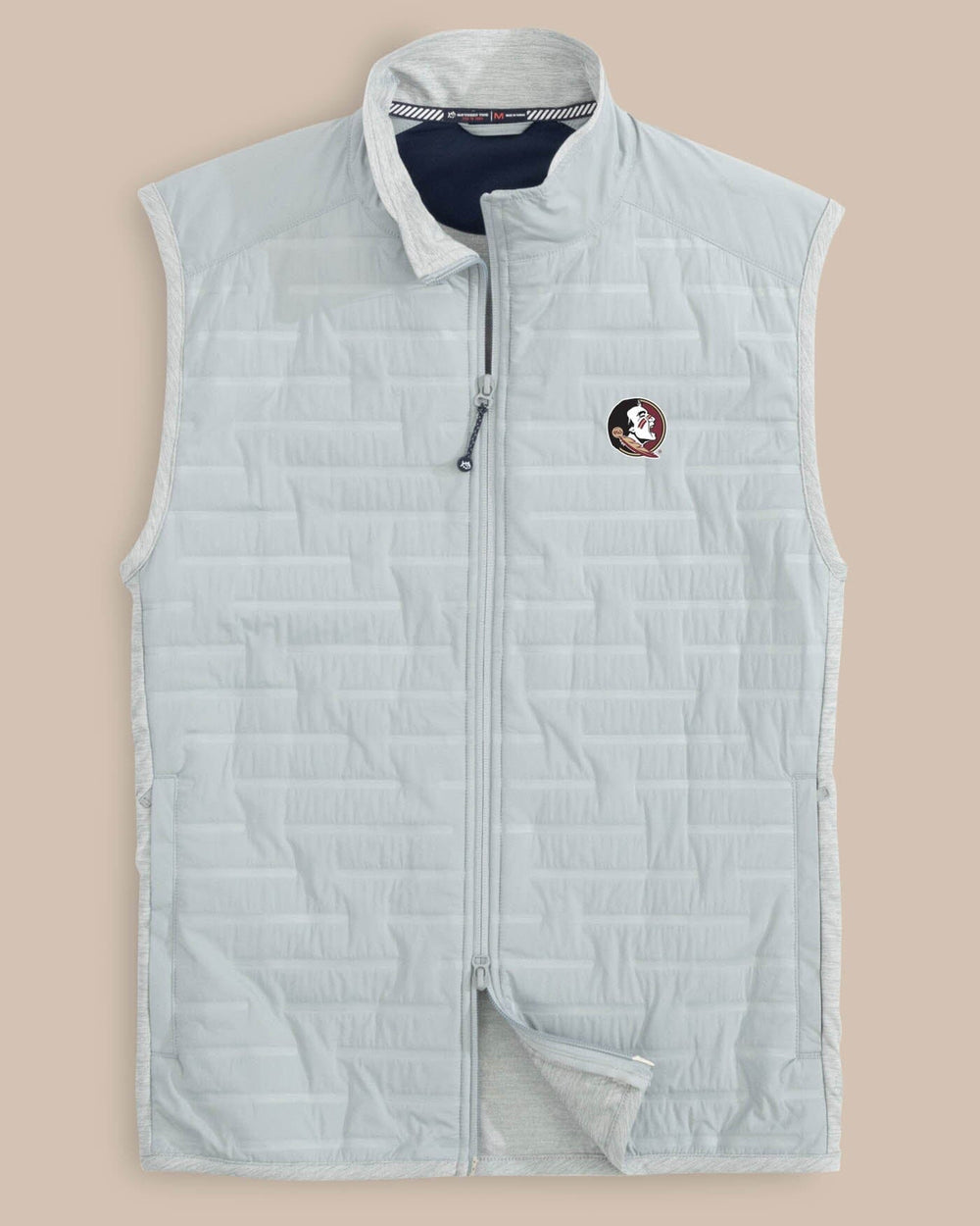 The front view of the Florida State Seminoles Abercorn Vest by Southern Tide - Gravel Grey