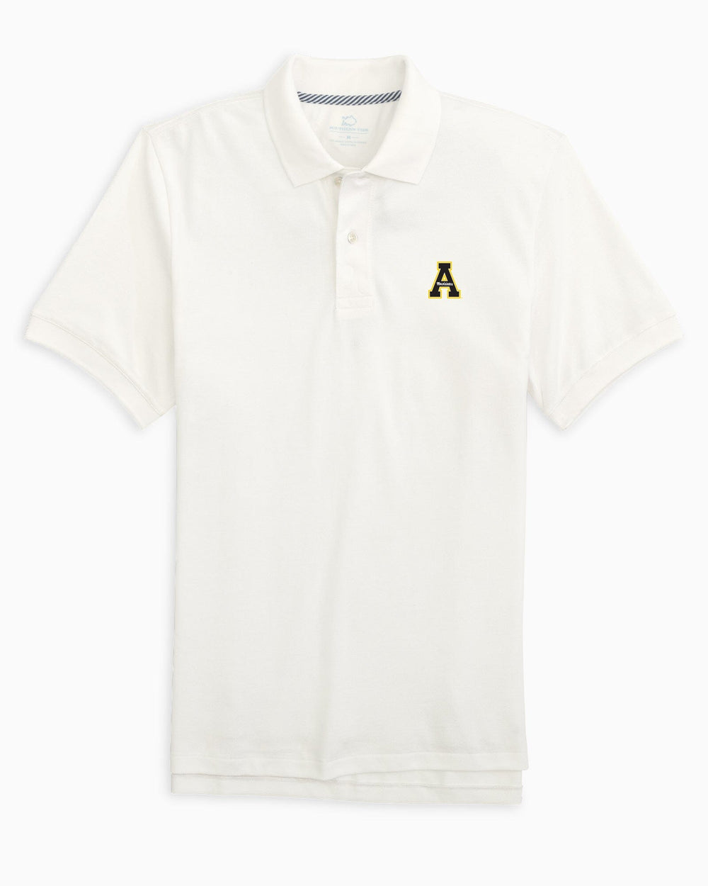 The front view of the App State Mountaineers Skipjack Polo by Southern Tide - Classic White