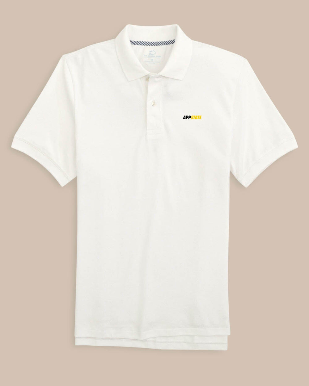 The front view of the App State Mountaineers Skipjack Polo by Southern Tide - Classic White