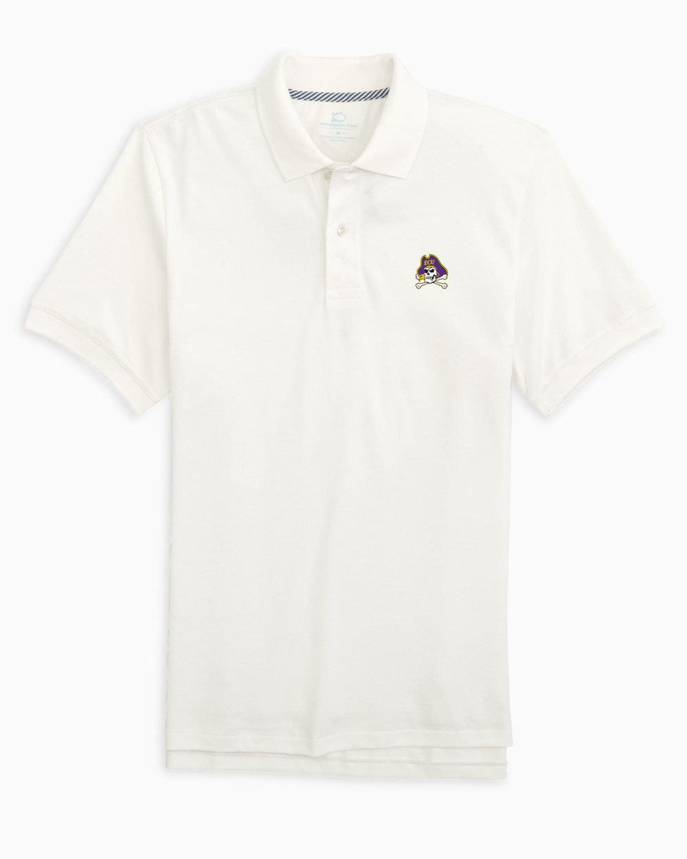 The front view of the East Carolina Pirates Skipjack Polo by Southern Tide - Classic White