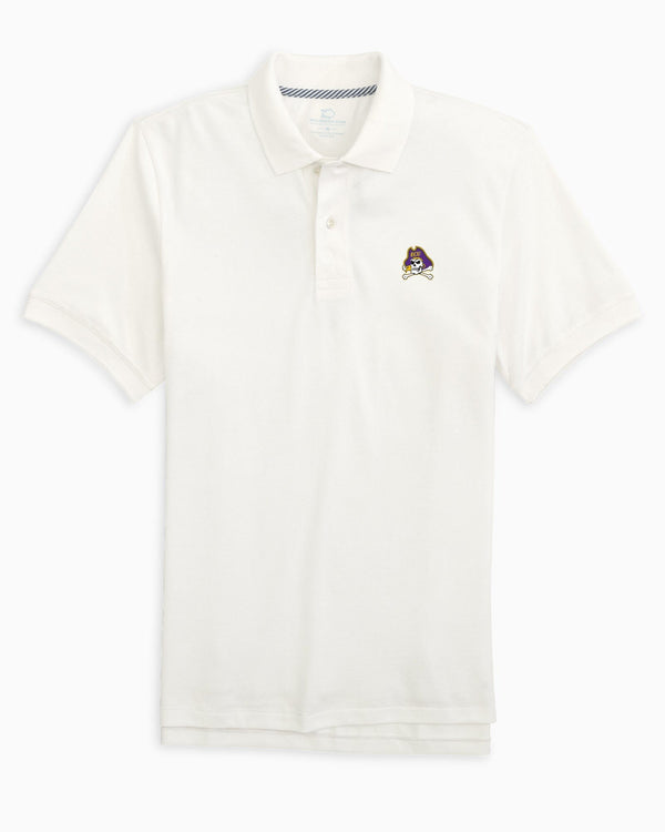 The front view of the East Carolina Pirates Skipjack Polo by Southern Tide - Classic White