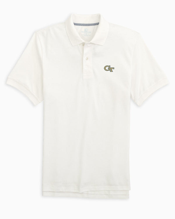 The front view of the Georgia Tech Yellow Jackets Skipjack Polo by Southern Tide - Classic White